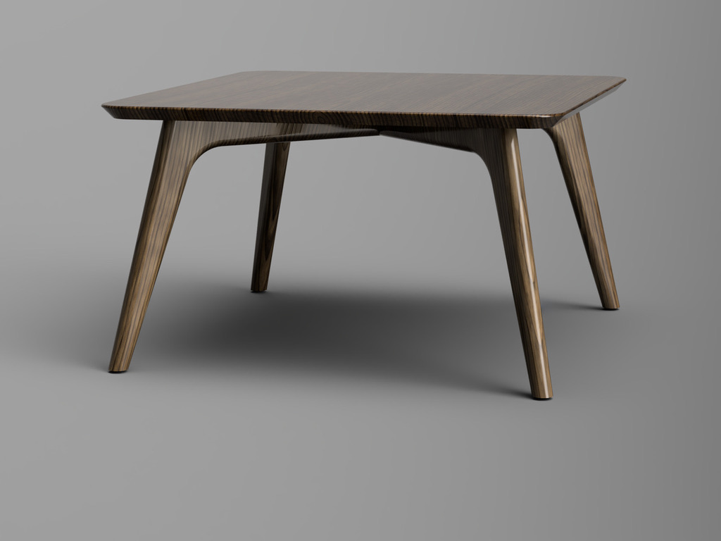Design render of a bespoke dining table with angled splayed legs in smoked ash